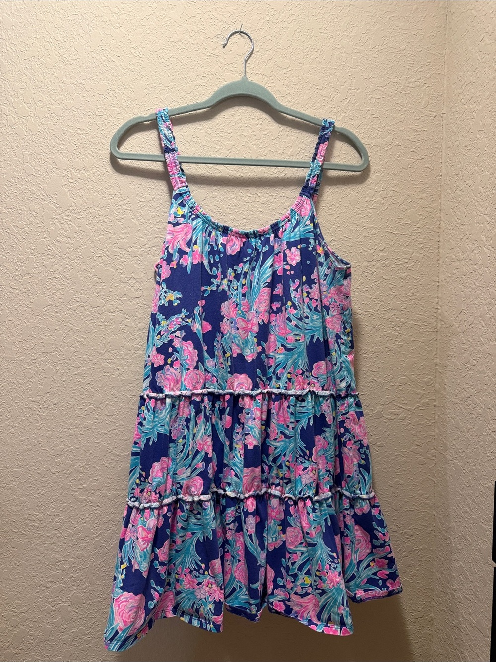 Lilly Pulitzer Navy Floral Tiered Mini Dress with Pink and Teal Accents